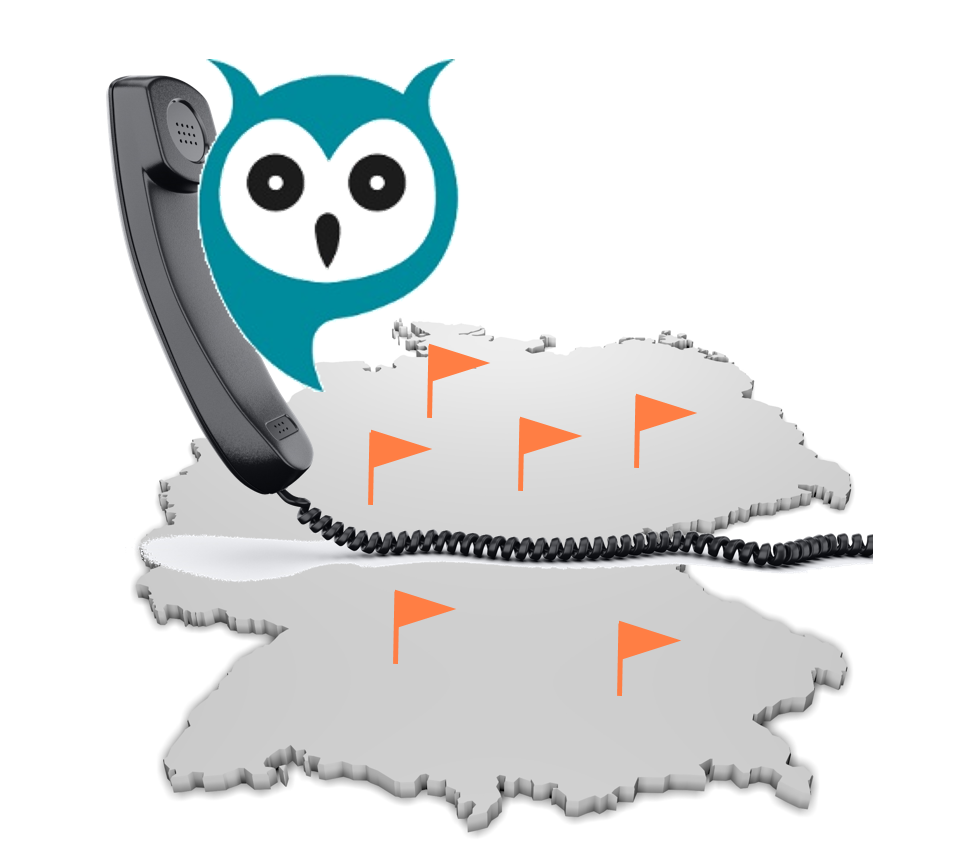 die wissensdurstig.de Eule hält einen Telefonhöhrer