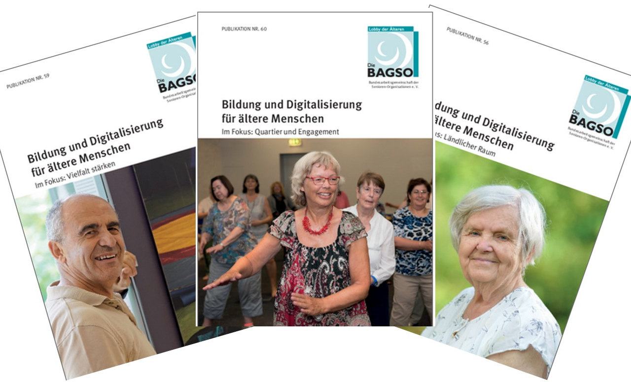 Cover der drei BAGSO Themenhefte Digitalisierung und Bildung